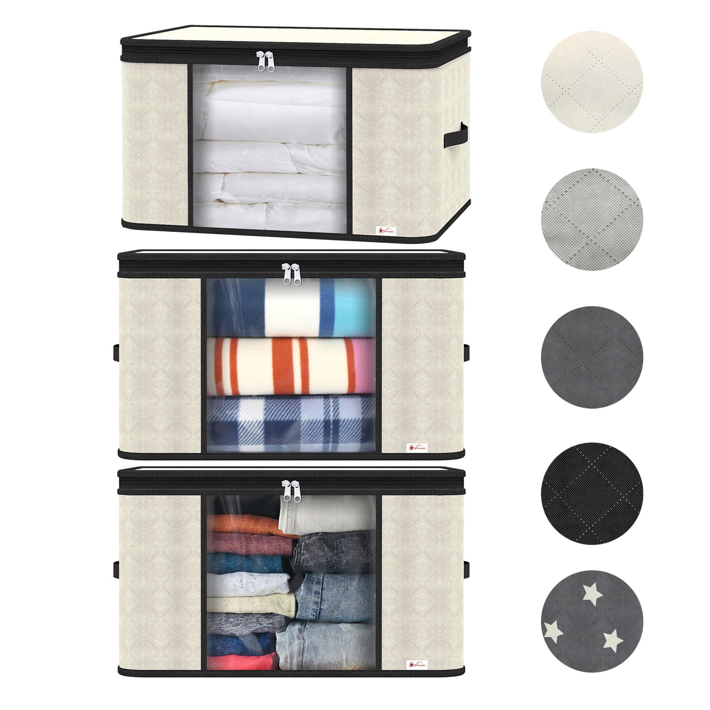 Vinsani 3pcs Deluxe Clothes Storage Bags Organizer Large Capacity Double Zipper, Moisture-Proof Big Clear Windows Perfect Space for Clothes, Beddings, Blankets and Duvet