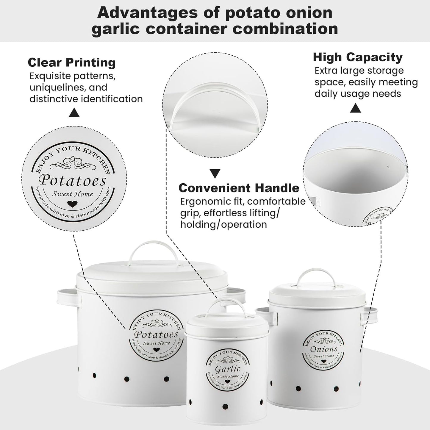 Retro Canister Set of 3 – Potato, Onion, Garlic Storage Containers – Stylish Metal Tins for Kitchen Pantry – Fresh Vegetable Keeper