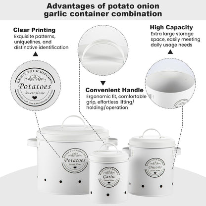 Retro Canister Set of 3 – Potato, Onion, Garlic Storage Containers – Stylish Metal Tins for Kitchen Pantry – Fresh Vegetable Keeper