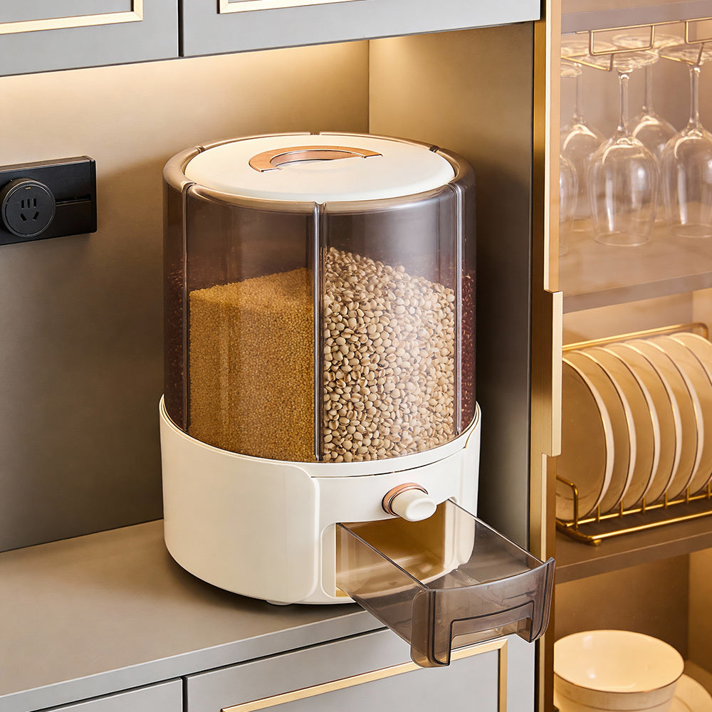 Transparent Grain Storage Containers, 6 Grid 360 ° Rotating Kitchen Rice Bucket, Rotating Dry Food Dispenser, Rotating Food Storage Dispenser, Space Saving, Cream Yellow