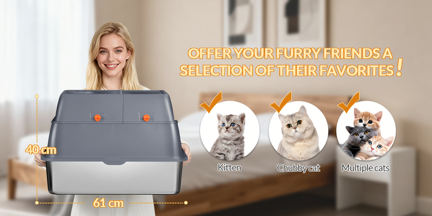 Stainless Steel Litter Tray with Lid, Enclosed Litter Box, Hinged Lid for Easy Cleaning, Includes Pedal And Scoop, Modular Design, 61L X 41W X 40H Cm, Light Grey