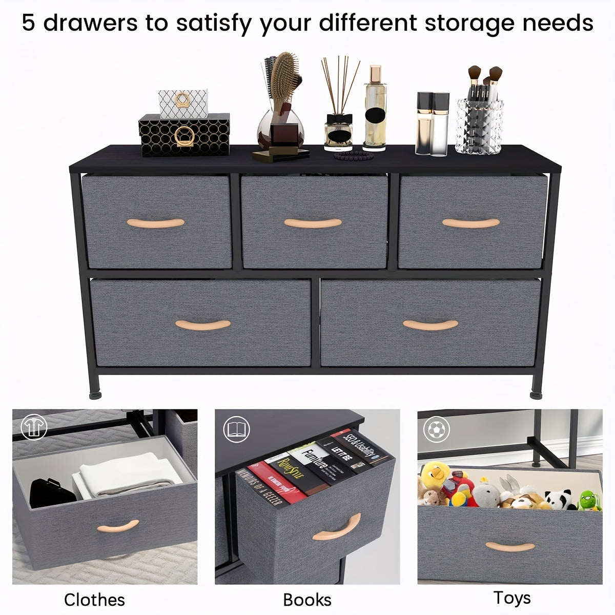 Chic Dark Gray 5-Drawer Storage Cabinet with Wood Panels & Metal Frame - Perfect for Bedroom & Living Room Organization, Storage Drawer Units