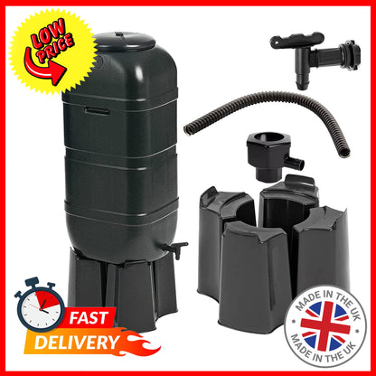 100 Litre Black Slimline Water Butt Rainwater Barrel With Stand, Kit & Diverter