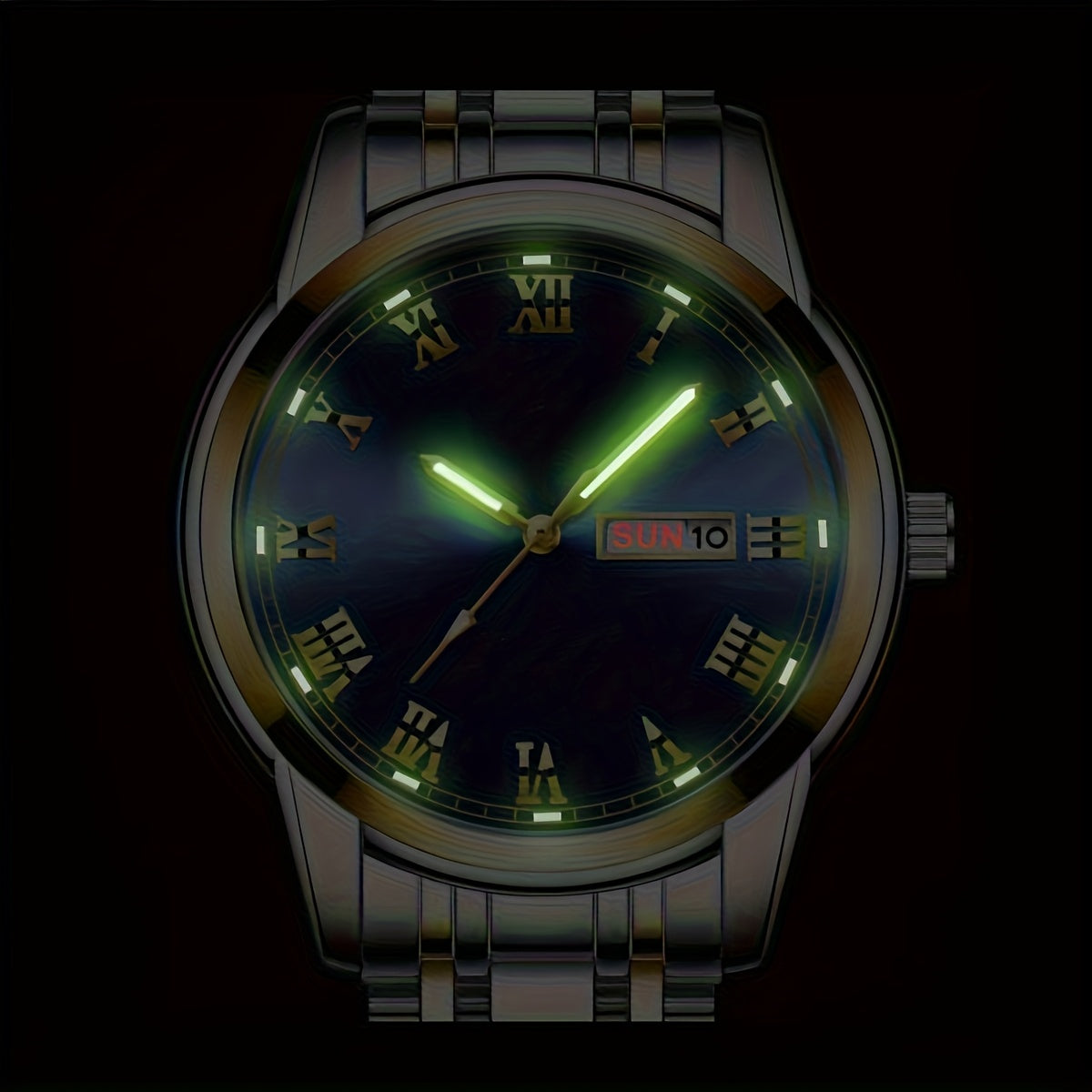 1pc FOURRON Brand New Trendy Fashion Men'S Quartz Watch Stainless Steel Strap with Day Date, Roman Numeral Disc Multi-Function Luminous Luxury Men'S Wristwatches, Friends And Relatives Birthday Gifts, Holiday Party Gifts Preferred Choice
