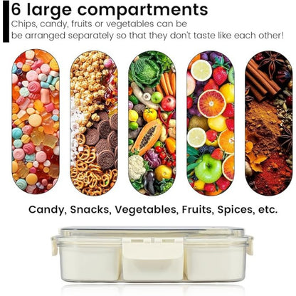 Snack Box with 6 Compartments, Snack Plate with Lid, Portable Storage Box, Bento Box with Handle, Storage Container for Candy, Veggie, Biscuit, Nuts, Fruit, Cream White