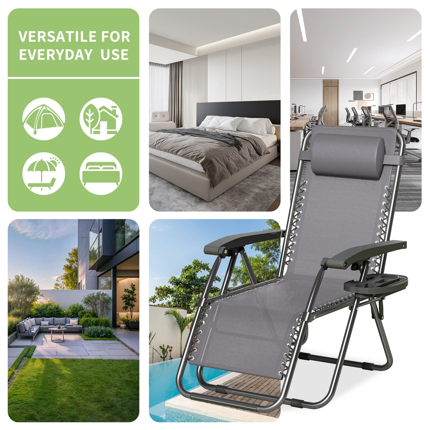2pcs Zero Gravity Chairs, Fabric Foldable Patio Chairs Outdoor, Lounge Camping Chairs with Padded Pillow, Armrest, Footrest and Cup Holder - Textilene Fabric