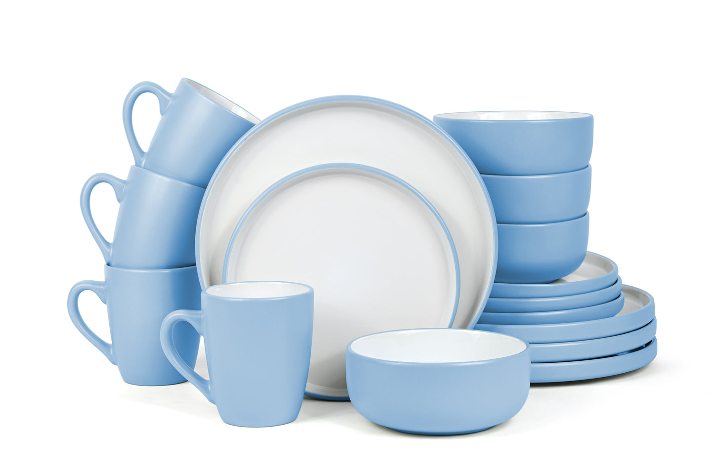 *** NEW *** Waterside 16pcs Pastel 2tone Blue Stoneware Dinner Set; 4 Dinner Plates, side Plates, Deep Bowls and Mugs