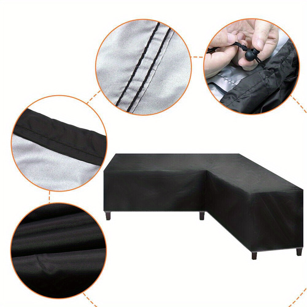 L-Shape Garden Furniture Cover Waterproof UV Resistant 210D Oxford Fabric Corner Sofa Protector with Drawstring 4 Sizes Black