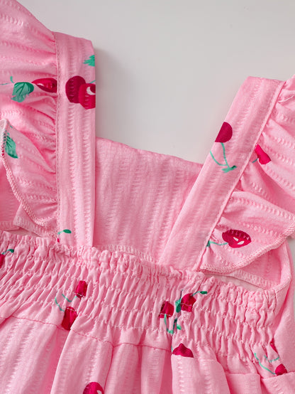 Summer European and American Fashion Baby Girl Onesies, Retro Casual Onesies with Cute Cherry Prints, Playful Flutter Sleeves, Suitable for Daily Wear, Outdoor Activities, Perfect for Outdoor