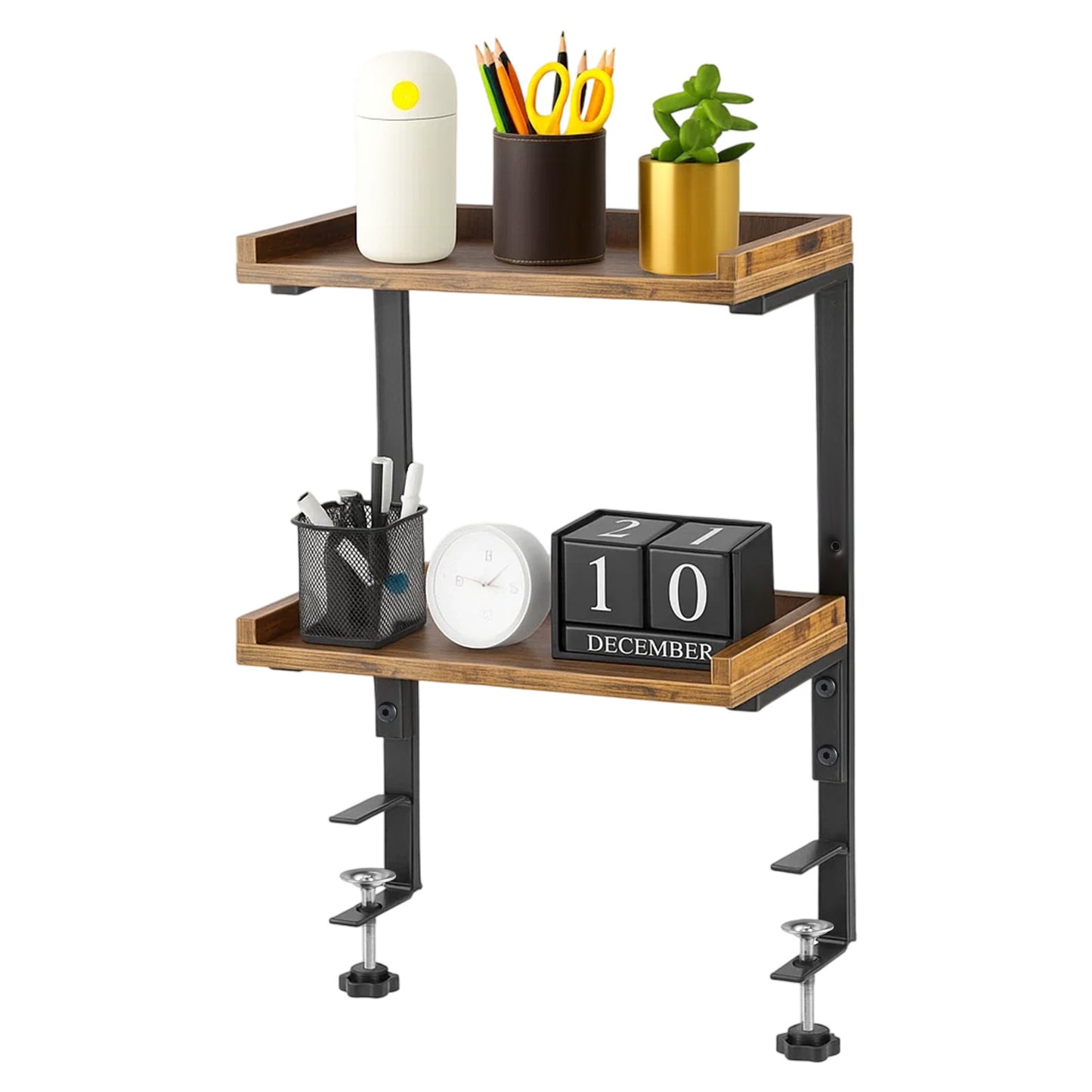 2-Tier Brown Clamp-On Desk Shelf Wood Shelving Unit Adjustable Height for Office Gaming Accessories, Tabletop Book Storage Rack