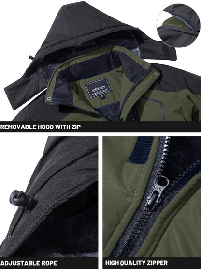 Men'S Ski Jacket Winter Warm Fleece Lined Coats Outdoor Snowboard Thermal Hiking Parka Chest Pockets Hooded Jogging Camping Fishing Climbing Casual Windbreaker
