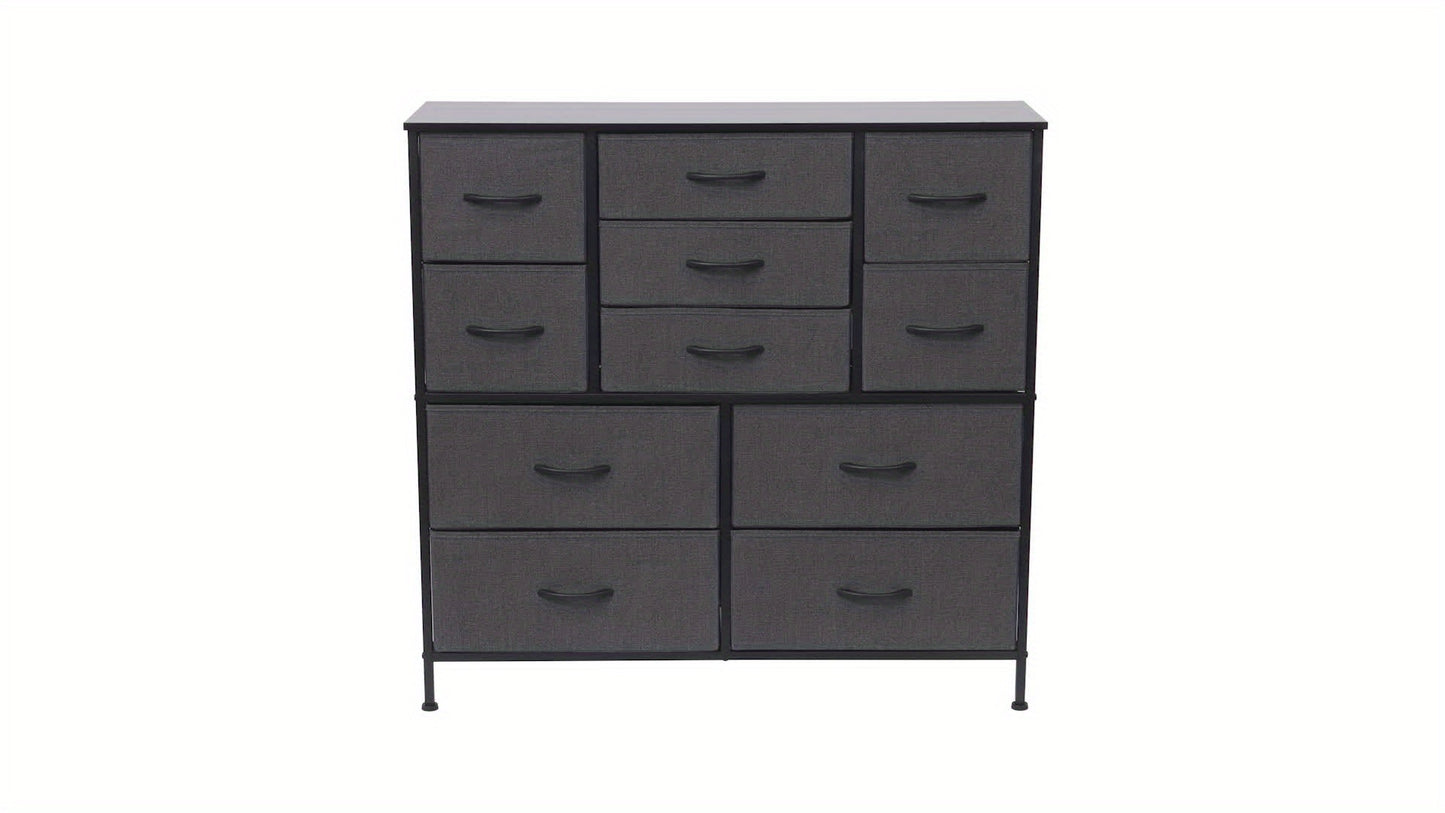 Large 11-Drawer Dresser with Sturdy Metal Frame & MDF Wood Top - Tall Fabric Storage Cabinet with Anti-Tip Design, Adjustable Legs, 68.58cm+ Height, 3.2 Cu Ft Capacity, Black Classic Modern Dresser for Bedroom, Living Room, Office - Easy Assembly, Space-S