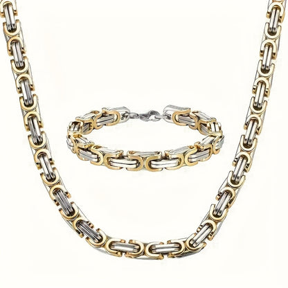 2pcs Set of Fashionable and Domineering Stainless Steel Necklace + Bracelet Jewelry Set, Men's Imperial Chain Accessories, Ideal Jewelry Gift for Wearing on Any Occasion, Matching with Any Clothing, Gifts