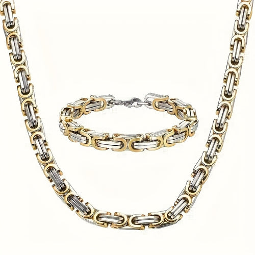 2pcs Set of Fashionable and Domineering Stainless Steel Necklace + Bracelet Jewelry Set, Men's Imperial Chain Accessories, Ideal Jewelry Gift for Wearing on Any Occasion, Matching with Any Clothing, Gifts