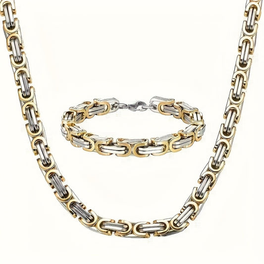 2pcs Set of Fashionable and Domineering Stainless Steel Necklace + Bracelet Jewelry Set, Men's Imperial Chain Accessories, Ideal Jewelry Gift for Wearing on Any Occasion, Matching with Any Clothing, Gifts