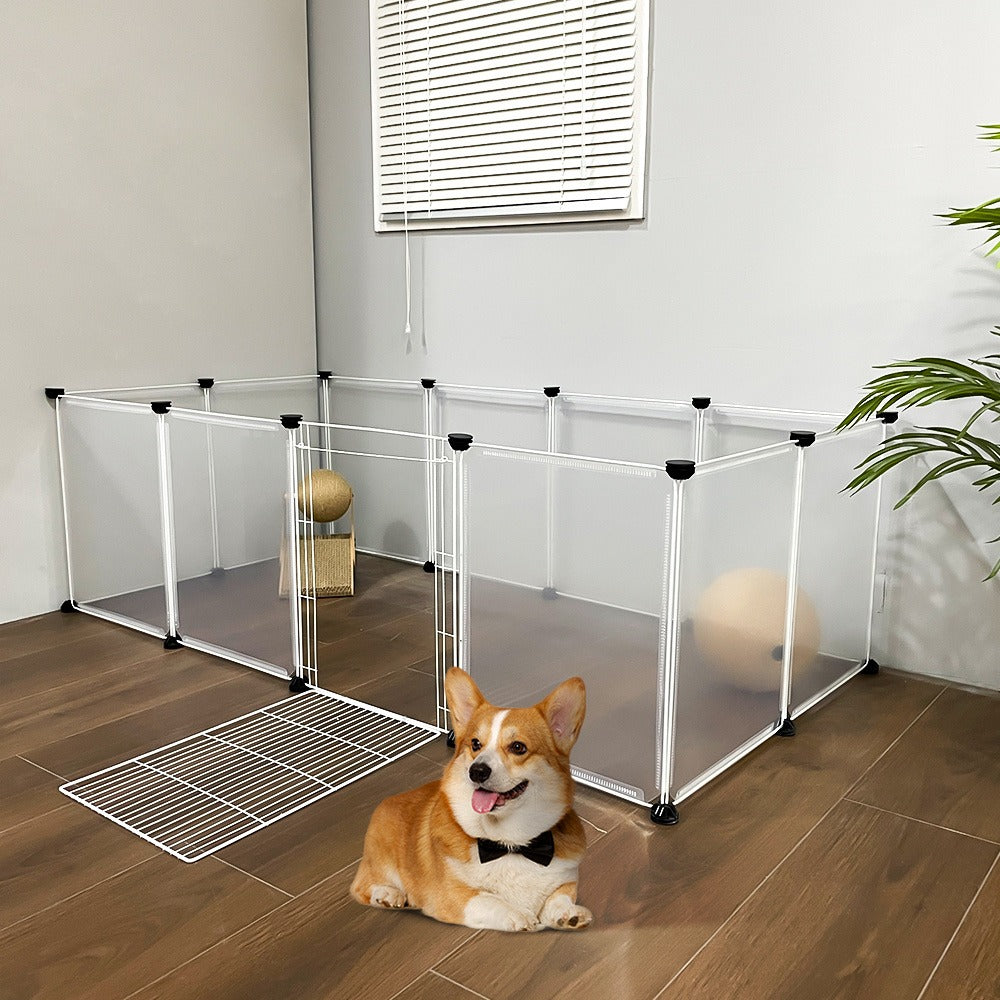 Clear Plastic Dog Playpen 12 Panel with Door – Transparent Modular Indoor Dog Pen 149x70x45cm, Safe Puppy Enclosure for Small & Medium Dogs, Living Room & Bedroom