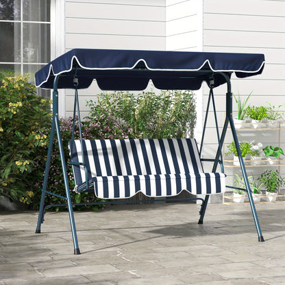 Three-Person Swing Chair Featuring an Adjustable Canopy, a Garden Swing Seat with a Steel Frame, And a Padded Seat in Blue And White