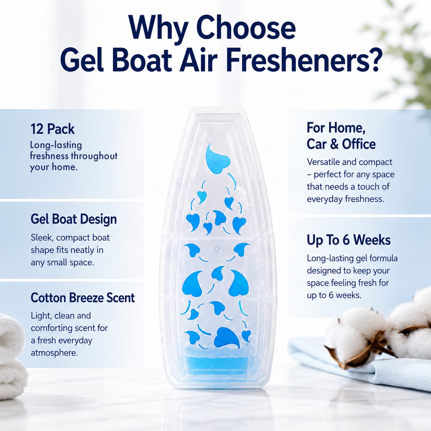24 Pack Gel Air Freshener Cotton Breeze 150g | Long Lasting Room Air Freshener Gel Boats | Fresh Linen Home Fragrance for Bathroom, Bedroom, Wardrobe, Office & Car | Up To 6 Weeks