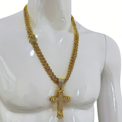 Hip-Hop Plus Size Large Pendant Full Rhinestones Double Layer Thickened Cross Hollow Buckle 14mm Wide Cuban Chain Necklace New Product Creative