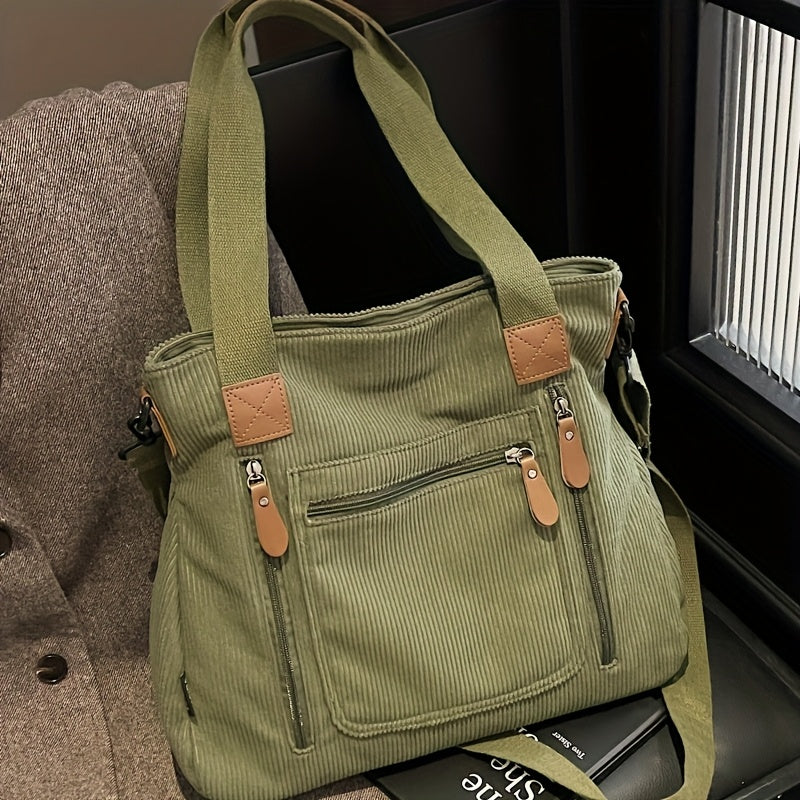Corduroy Tote Bag Women Large Capacity – Adjustable Shoulder Strap, Multi-Pocket Crossbody Handbag for Work, Shopping & Daily Commute | Beige Vintage Style