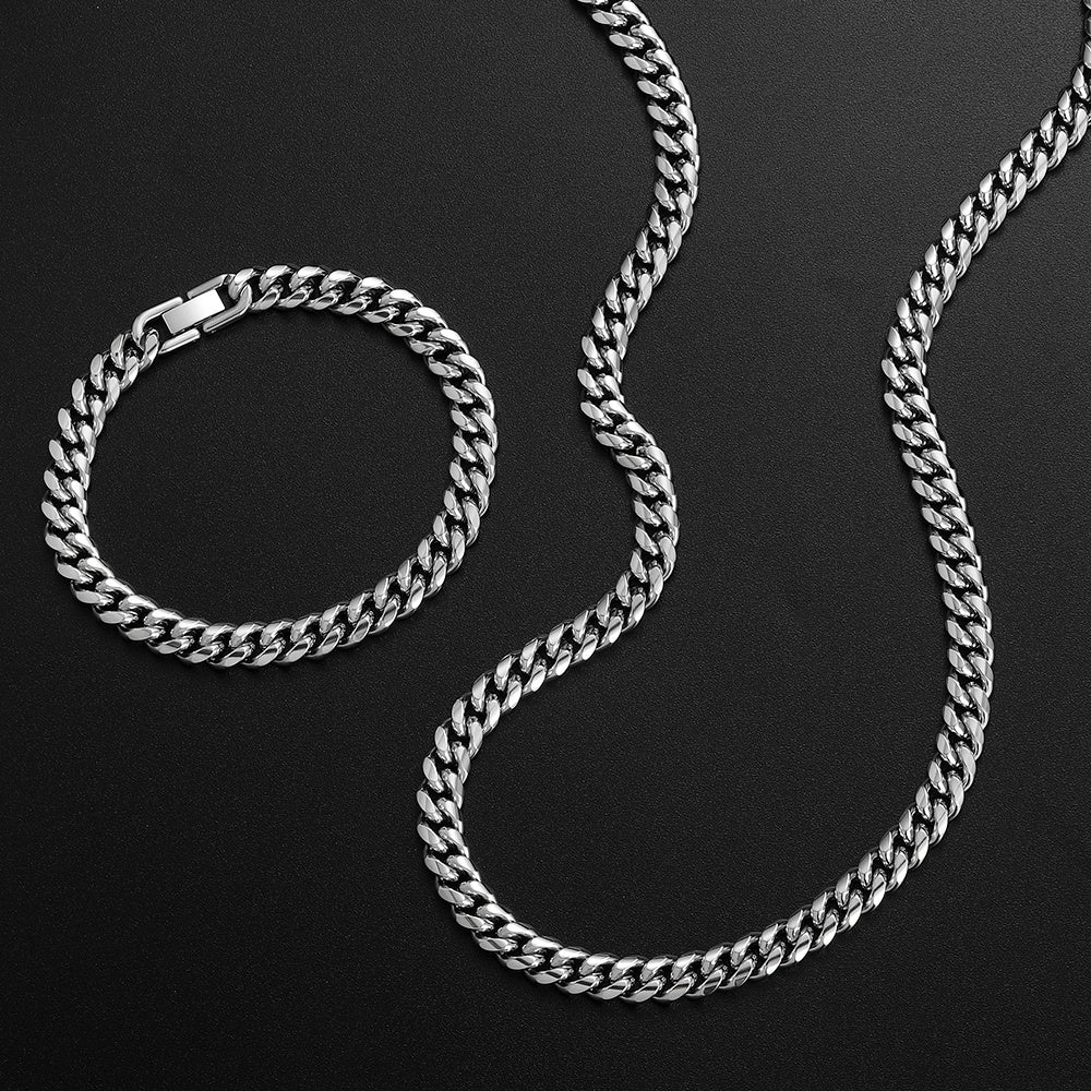 2pcs/ set 8mm 316L Stainless Steel Encrypted Cuban Chain Necklace Bracelet Fashion Jewelry Set for Men Handsome Hip Hop Rock Style Party Gift Accessories