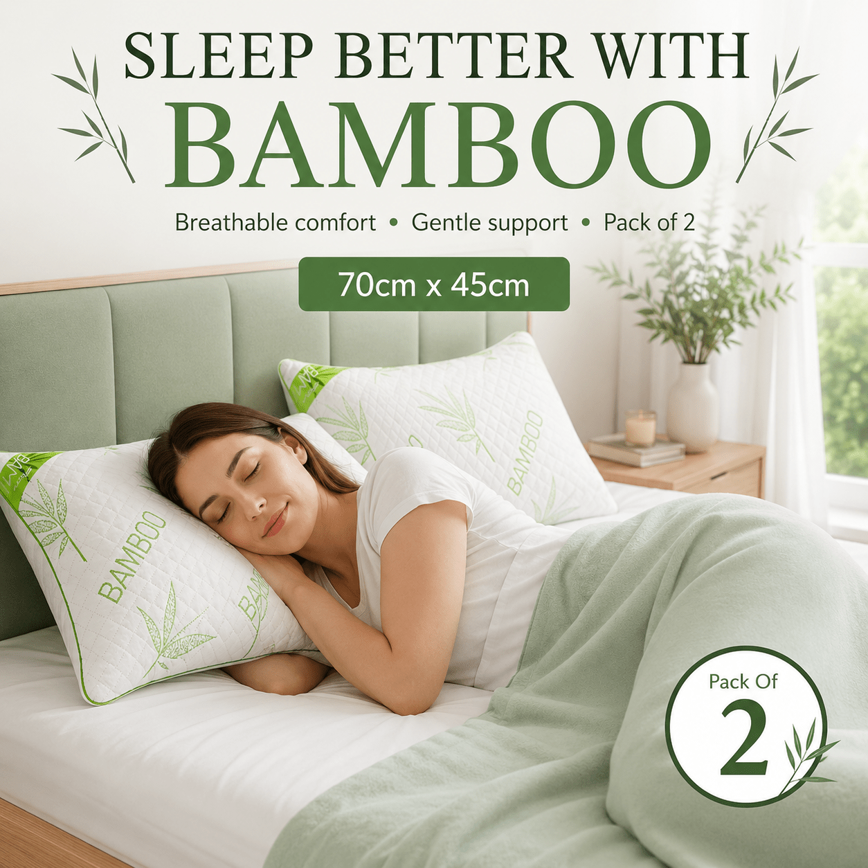 Bamboo Memory Foam Pillow Pack of 2 | Medium Firm Support for Neck & Shoulder Comfort | Soft & Breathable | 50x75cm | Ideal for Side, Back, and Stomach Sleepers | Removable Zip Cover | Durable Viscose Elastic Foam