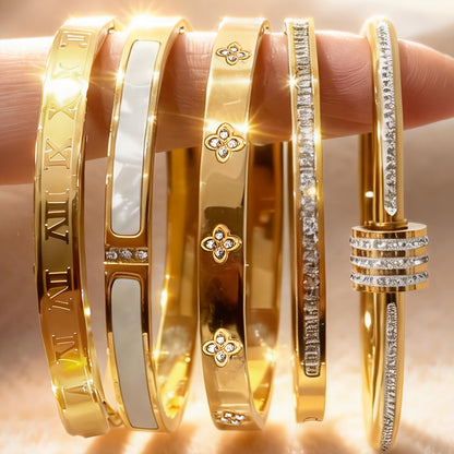 18K Gold-Plated 304 Stainless Steel Stackable Bracelets for Women, 5pcs Waterproof Roman Numeral Lucky Flower Design Cubic Zirconia Sleeves, Women's Daily Party Fashion Luxury Jewelry Gifts, Mother's Day Gifts