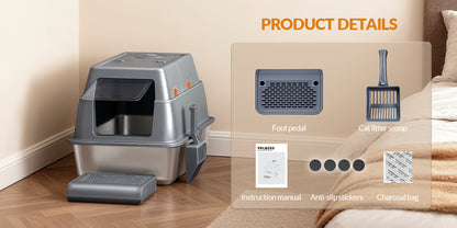 Stainless Steel Litter Tray with Lid, Enclosed Litter Box, Hinged Lid for Easy Cleaning, Includes Pedal And Scoop, Modular Design, 61L X 41W X 40H Cm, Light Grey