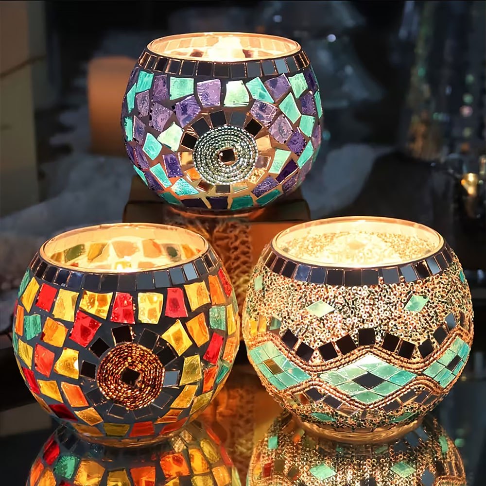 Mosaic Glass Tealight Holders – Three-Piece Set