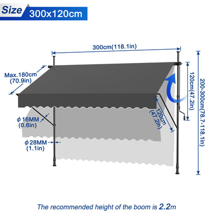 Retractable Clamp Awning No Drilling Required – UV-Resistant Polyester Balcony Canopy with Hand Crank, Height Adjustable, 200–400cm Wide, Dark Grey & Light Grey