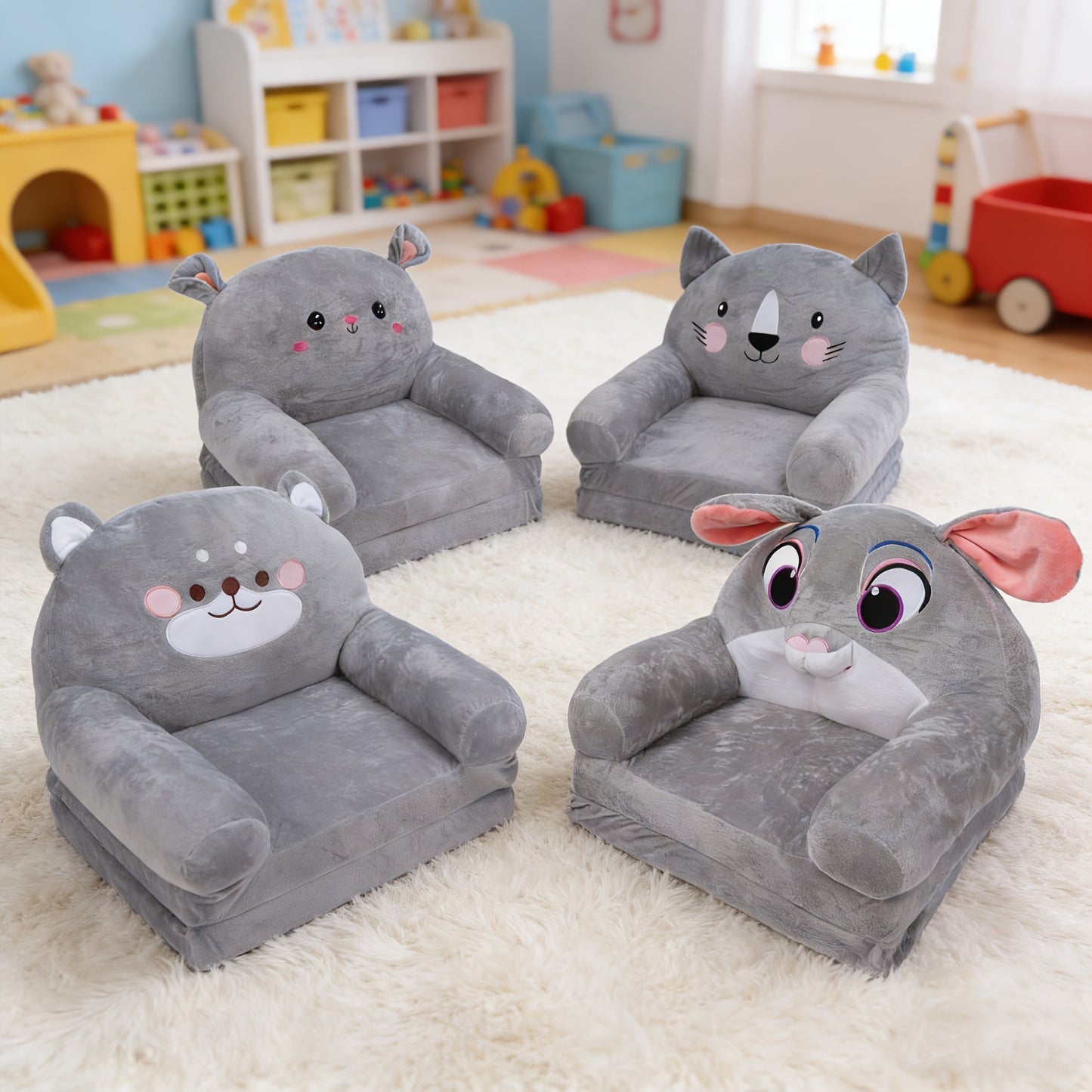 Cozy Kid Folding Sofa, Plush, Washable Lounge Chair for Playroom & Nursery, Gray Dog Style Foldable Wide Handle Soft Breathable Toddler Chair for Reading Relaxing Sleeping