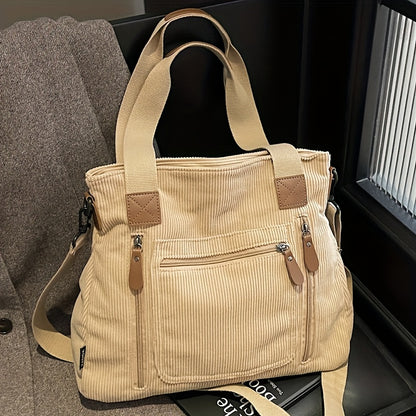 Corduroy Tote Bag Women Large Capacity – Adjustable Shoulder Strap, Multi-Pocket Crossbody Handbag for Work, Shopping & Daily Commute | Beige Vintage Style