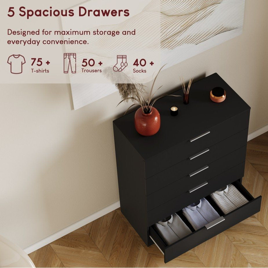 Vida Designs Trega 5 Drawer Chest Of Drawers Space-Saving Storage Smooth Glide Drawers Bedroom Furniture
