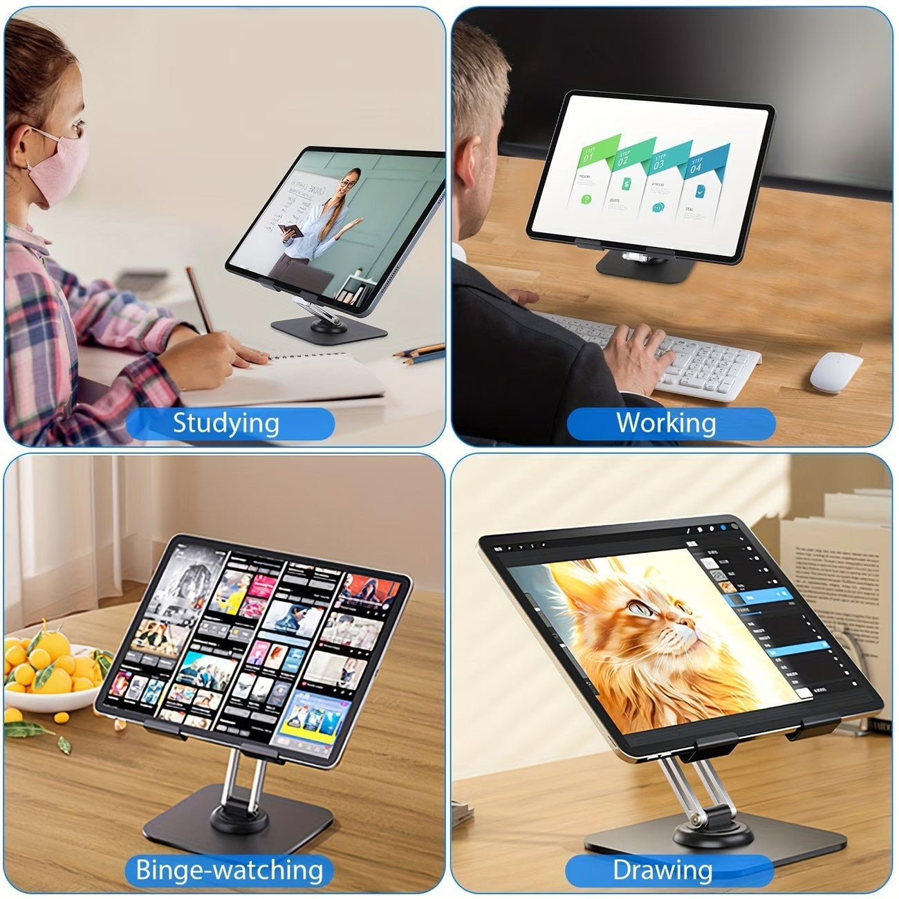 2PCS Set (1x Heavy-Duty Adjustable Tablet Stand & 1x Allen Key) - 360° Rotating Base, Foldable Design, All-Metal Construction, Ergonomic Desk Holder for iPad, Tablet, Phone & Laptop, Sturdy & Stable, Ideal for Office & Home Use