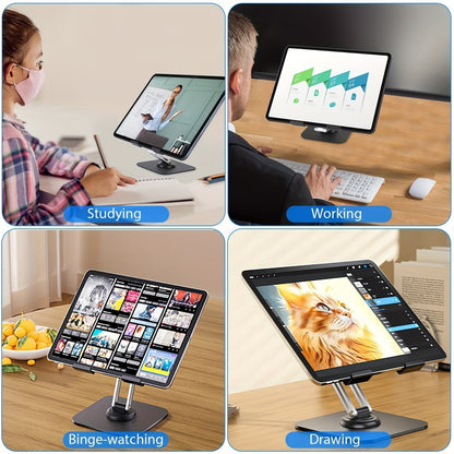 2PCS Set (1x Heavy-Duty Adjustable Tablet Stand & 1x Allen Key) - 360° Rotating Base, Foldable Design, All-Metal Construction, Ergonomic Desk Holder for iPad, Tablet, Phone & Laptop, Sturdy & Stable, Ideal for Office & Home Use