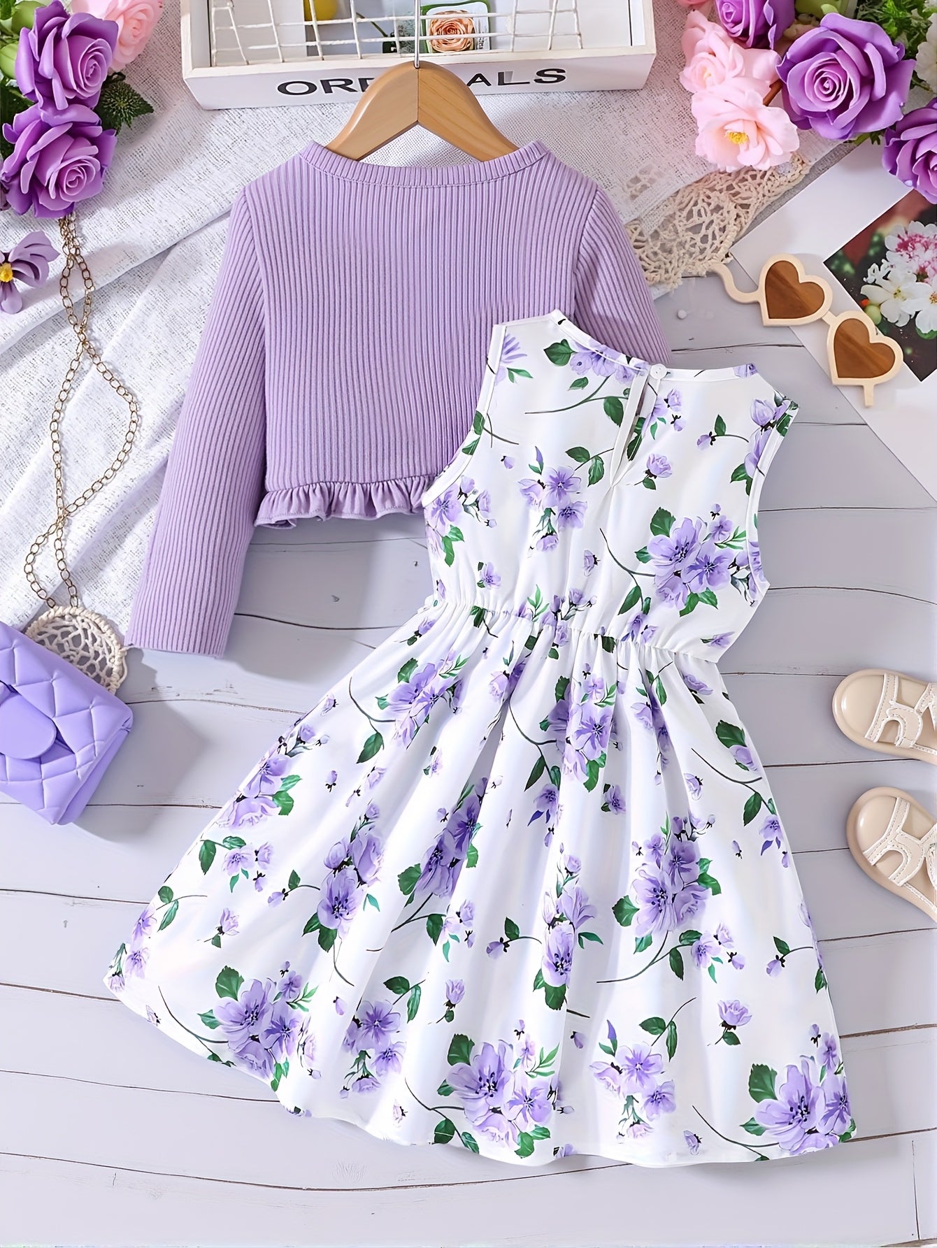 Girls' Clothing for Spring, Summer, And Autumn Featuring a Cardigan And a Print Dress, Perfect for Back-To-School Season And Stylish Campus Outfits in a Two-Piece Set
