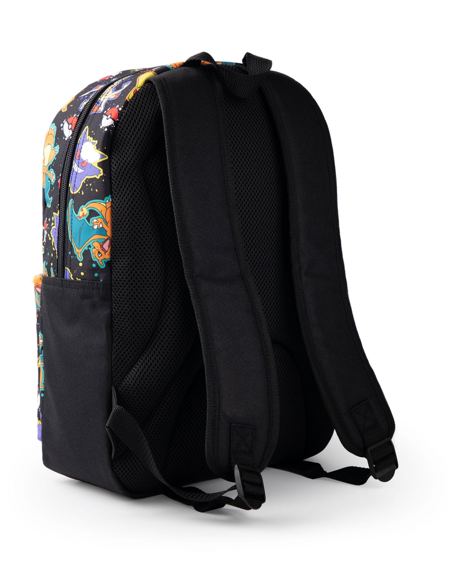 Pokémon Pikachu Charizard Gengar Meowth Backpack in Black | Kids Character All-Over Print Bag | Adjustable Shoulder Straps, Front Pocket & Mesh Holder