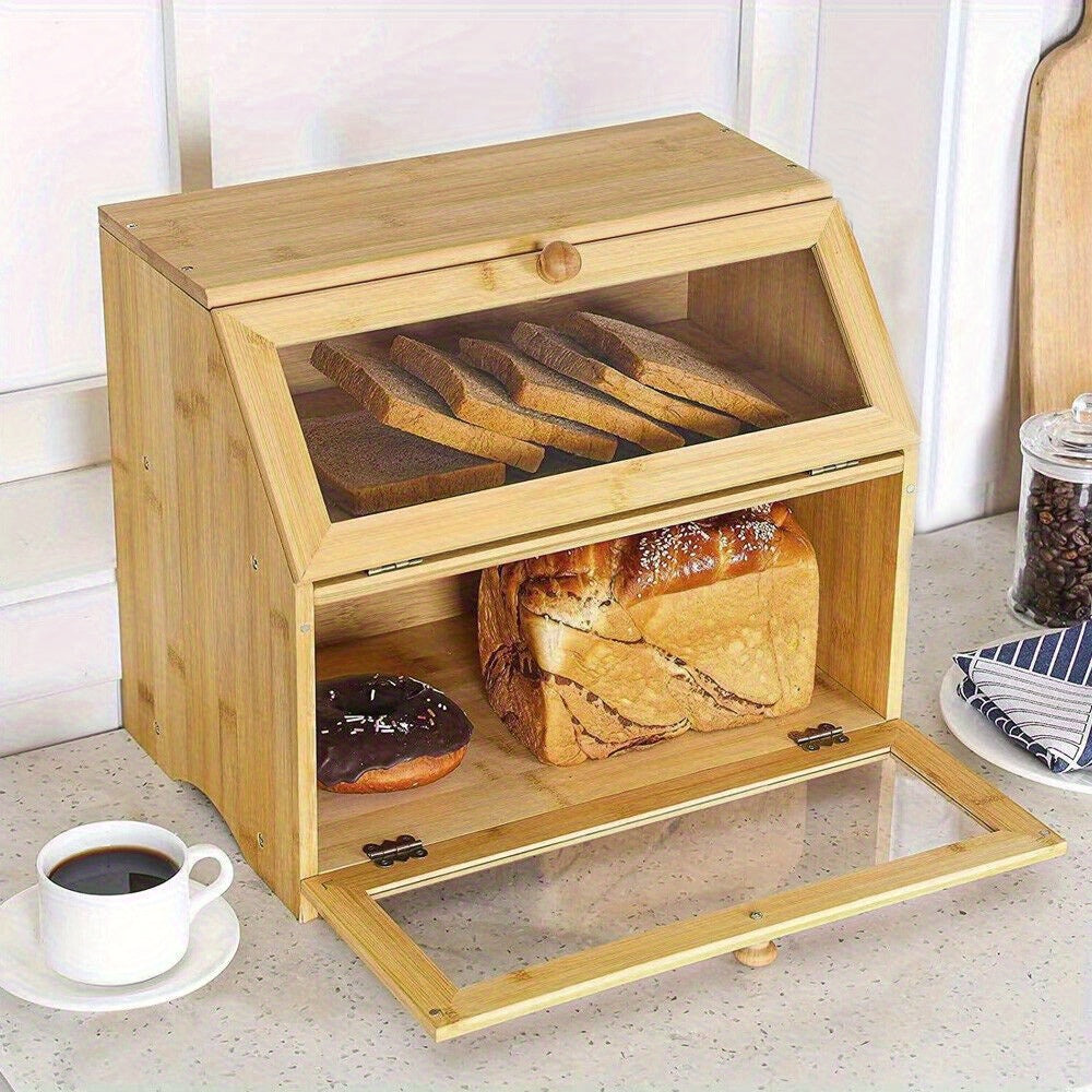 1 2-layer Bamboo Wooden Bread Box Kitchen Food Storage Box Bread Container Household Large Capacity Bread Storage Box 39x32x25cm