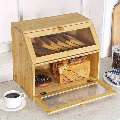 1 2-layer Bamboo Wooden Bread Box Kitchen Food Storage Box Bread Container Household Large Capacity Bread Storage Box 39x32x25cm