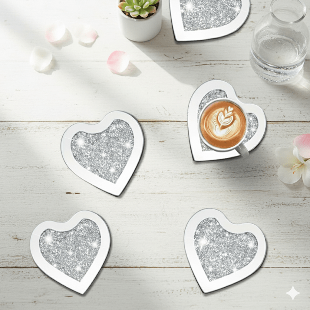 SERENA'S ® Set of 4 Heart Crystal Coasters – 10cm Glass Mirrored Drink Coasters with Glitter Crushed Diamond Design – Elegant Coasters for Home, Kitchen, Bar, or Table Decoration