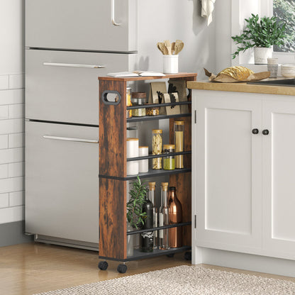 Slim Storage Trolley, Rustic Brown, Narrow Kitchen Cart for Small Space, 4-Tier Rolling Utility Cart with Handle, Slide Out Kitchen Trolley on Wheels, Bathroom, Living Room