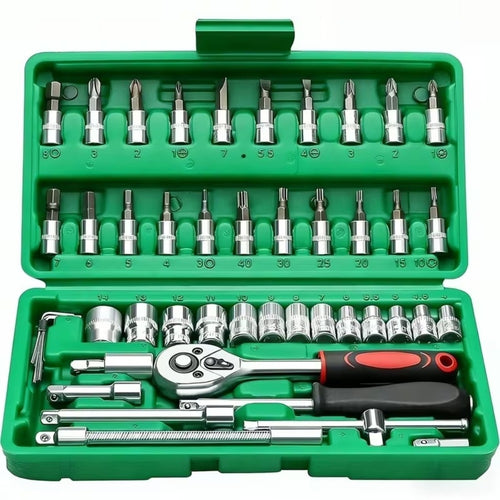 Socket Wrench Set 45pc Stainless Steel Ratchet Handle Drill Socket & Extension Bars – Heavy Duty Mechanic Hand Tool Kit for Car Repair with Storage Case
