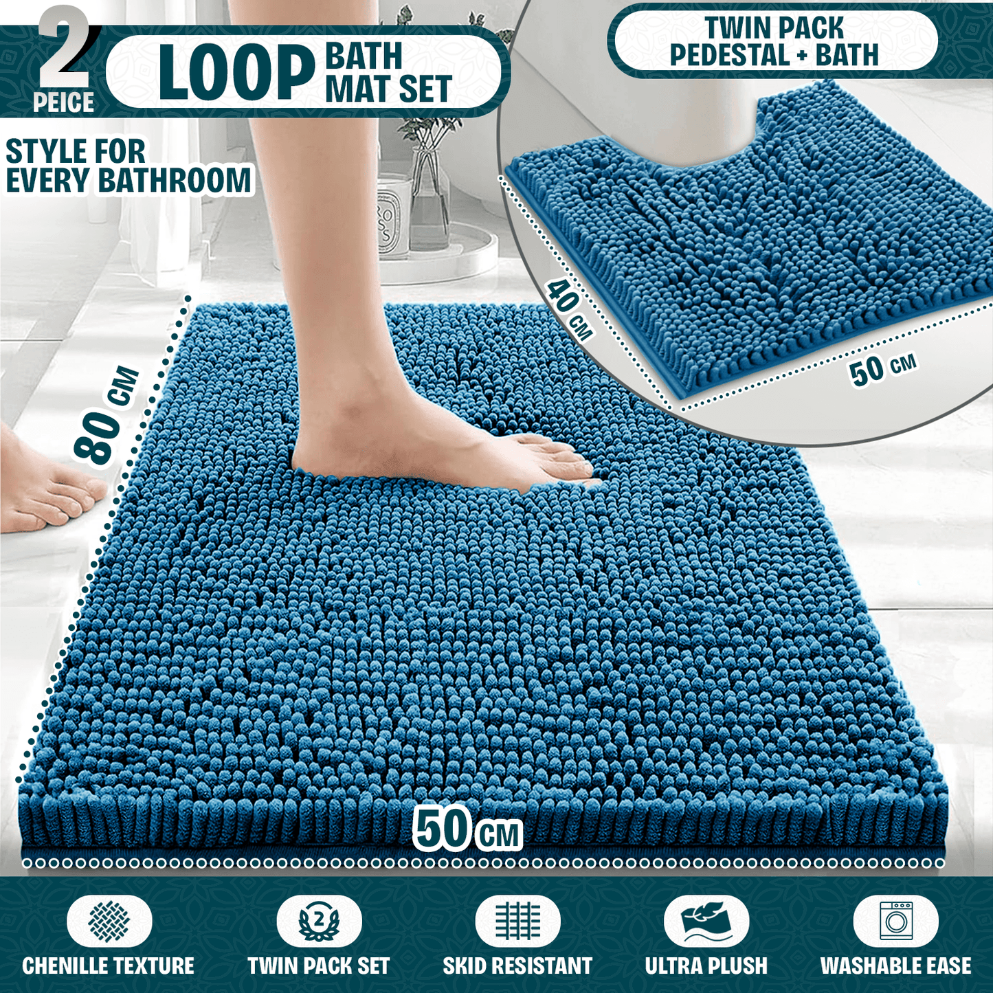2-Piece Loop Bathroom Mat Set | Soft Chenille Microfiber Rugs with Non-Slip Backing | Machine Washable | Includes 50x80cm Bath Mat & 50x40cm Pedestal Mat | Stylish, Comfy & Durable | UK STOCK | LOCAL WAREHOUSE