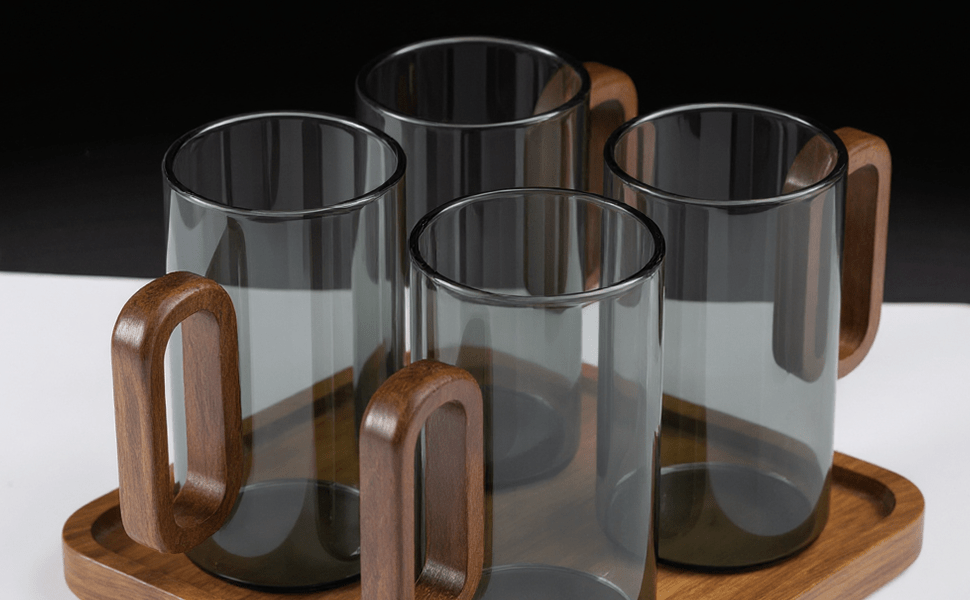 6pcs Glass Water Cups with Wooden Handle, 360mL Smoky Blue Drinking Glasses for Tea, Coffee & Cold Beverages, Modern Household Living Room Cups