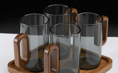 6pcs Glass Water Cups with Wooden Handle, 360mL Smoky Blue Drinking Glasses for Tea, Coffee & Cold Beverages, Modern Household Living Room Cups