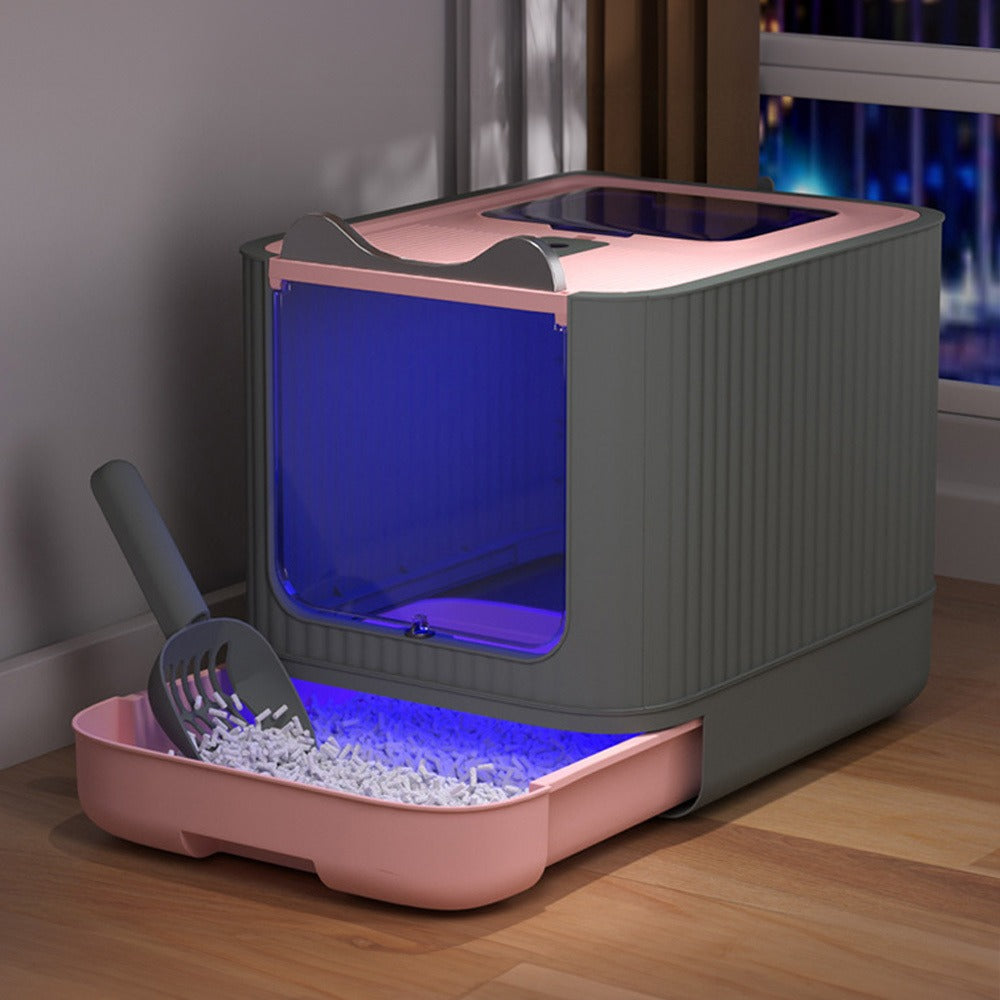 Enclosed Cat Litter Box with UV Sterilisation & Deodoriser | Large Hooded Cat Toilet with Drawer Tray & Scoop | Anti-Splash Odour Control Litter Tray | 44.5x36.5x34.5cm | Grey