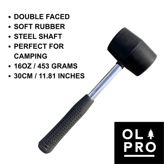 OLPRO 16oz Double Headed Rubber Camping Mallet Hammer, Multi Functionial Non-Damaging Soft Blow Tasks, Rubber Comfy Grip Strong Steel Shaft