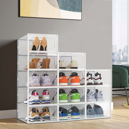 Pack of 12 Stackable Shoe Organizers Shoe Storage Boxes with Dustproof Doors, Large Shoe Boxes Transparent Foldable Shoe Storage Cabinet, Portable Space-saving Shoe Box, Under Bed Shoe Containers, Versatile Footwear Containers Holder for Entryway, Closet,