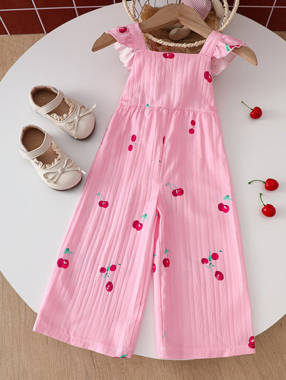 Summer European and American Fashion Baby Girl Onesies, Retro Casual Onesies with Cute Cherry Prints, Playful Flutter Sleeves, Suitable for Daily Wear, Outdoor Activities, Perfect for Outdoor