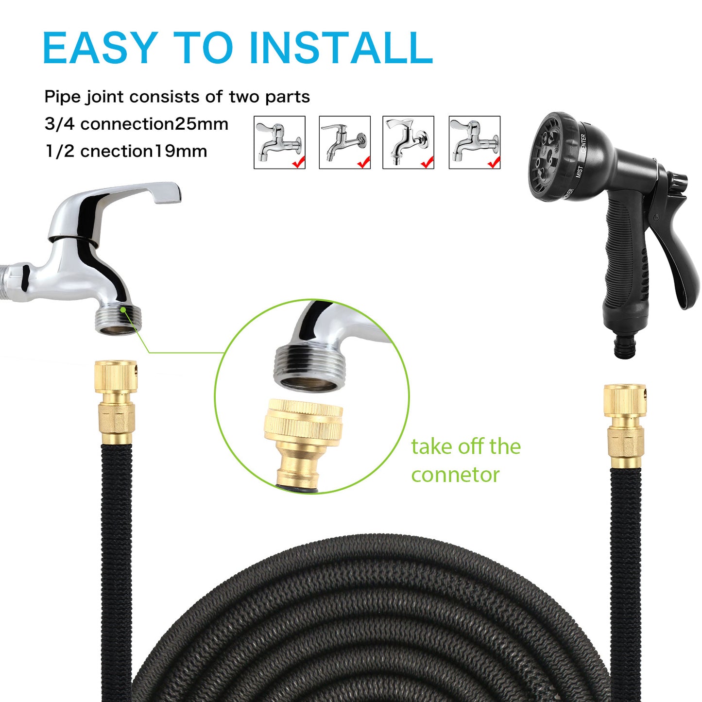 50FT/75FT/100FT Expandable Flexible Garden Hose Magic Hose Pipes Car Washing Gardening Hose with 7 Setting Professional Water Spray Nozzle Gun Expandable Hose Garden Hoses, Black